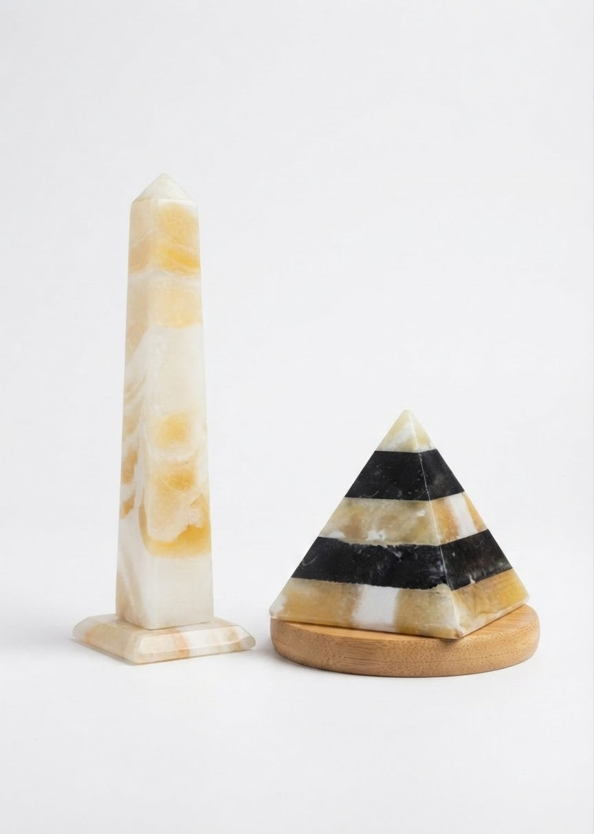Handcrafted Egyptian Alabaster Obelisk & Marble Pyramid Set