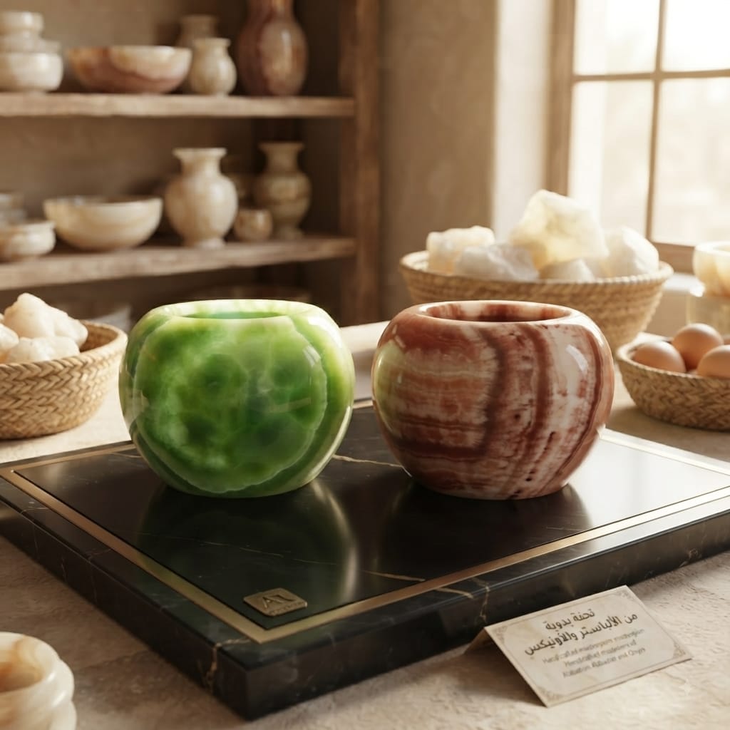 Rare Natural Onyx Duo – Emerald Green & Rose Pink Statement Bowls Description: Discover our stunning collection of natural onyx pieces, each one a true testament to the raw beauty of the earth. The emerald green bowl mesmerizes with soft, cloud-like trans