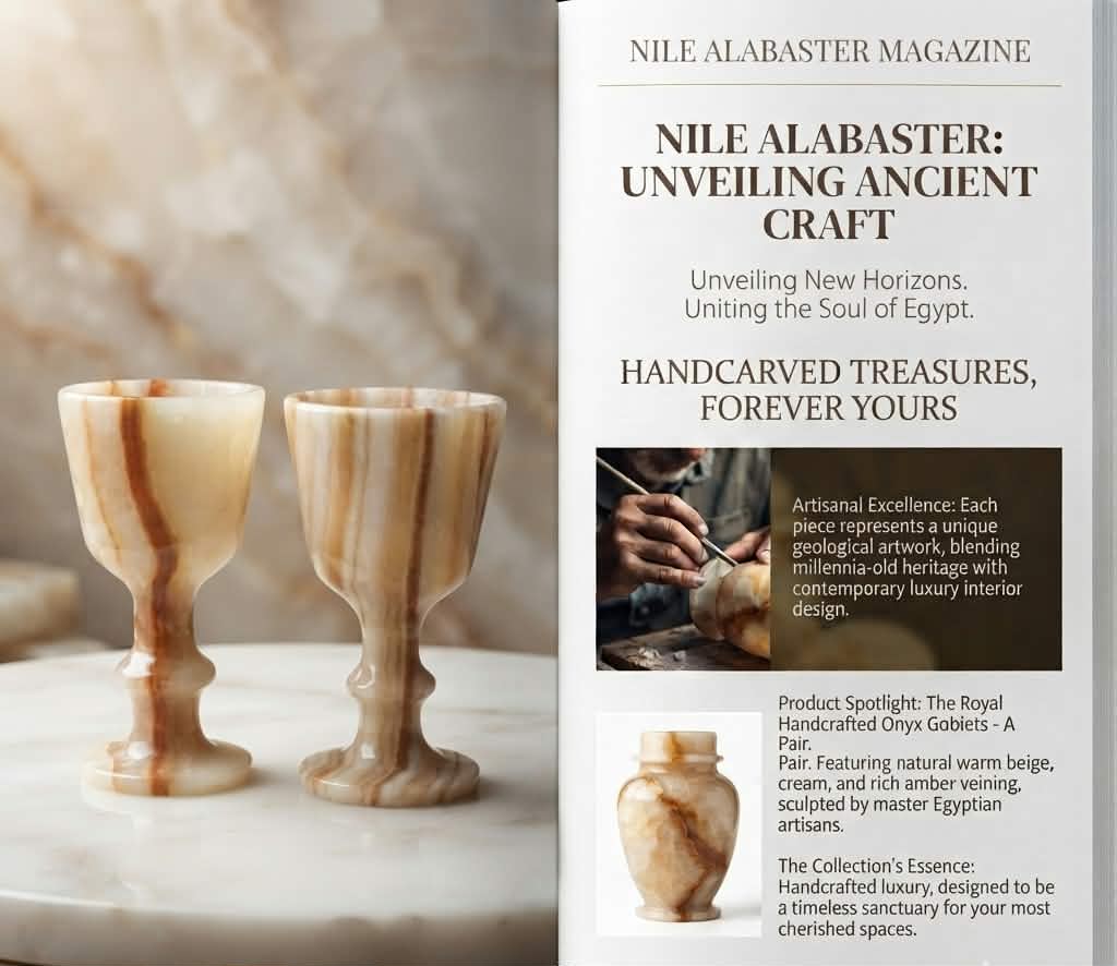 Product Details: Handcrafted Excellence: Sculpted meticulously by master Egyptian artisans from natural warm beige and amber-veined onyx.