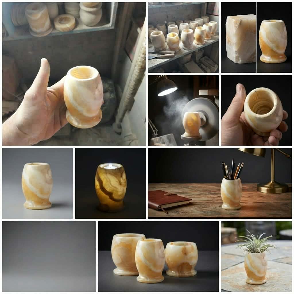 The Pharaoh’s Glow Amber Alabaster Candle Holder & Jar | Hand-Carved Luxury Decor