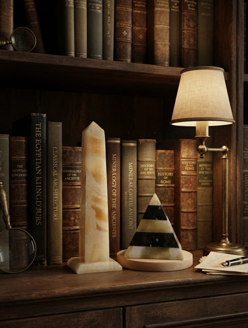 Handcrafted Egyptian Alabaster Obelisk & Marble Pyramid Set