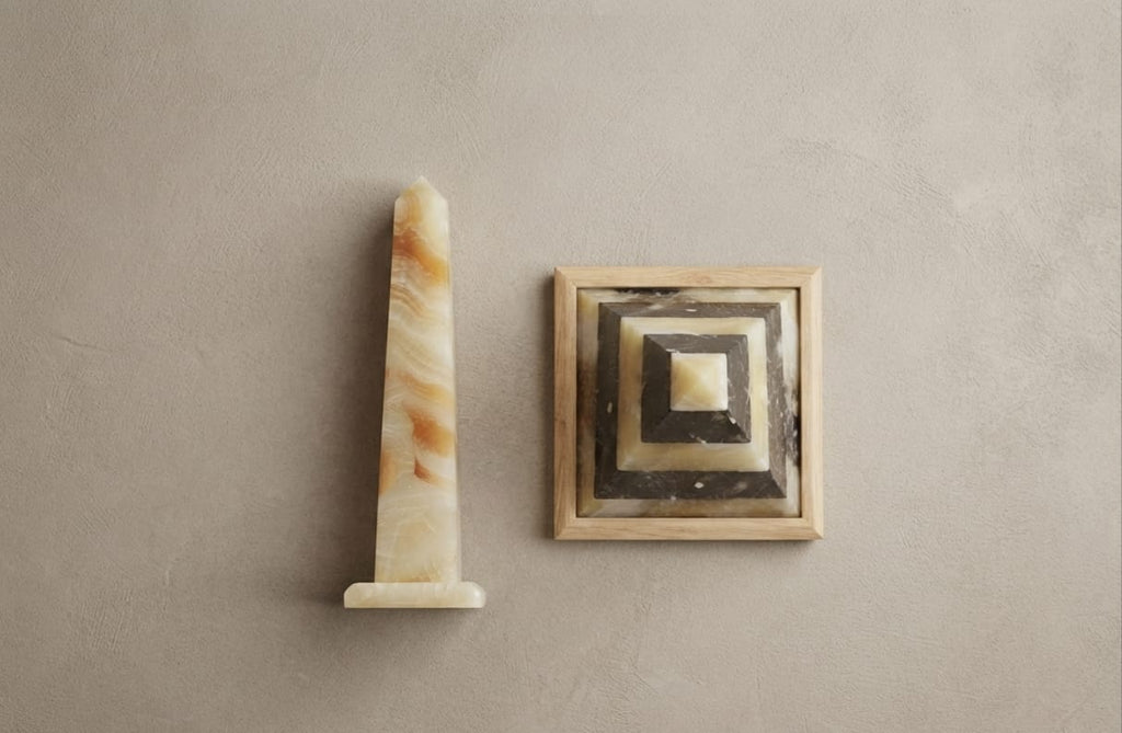 Handcrafted Egyptian Alabaster Obelisk & Marble Pyramid Set