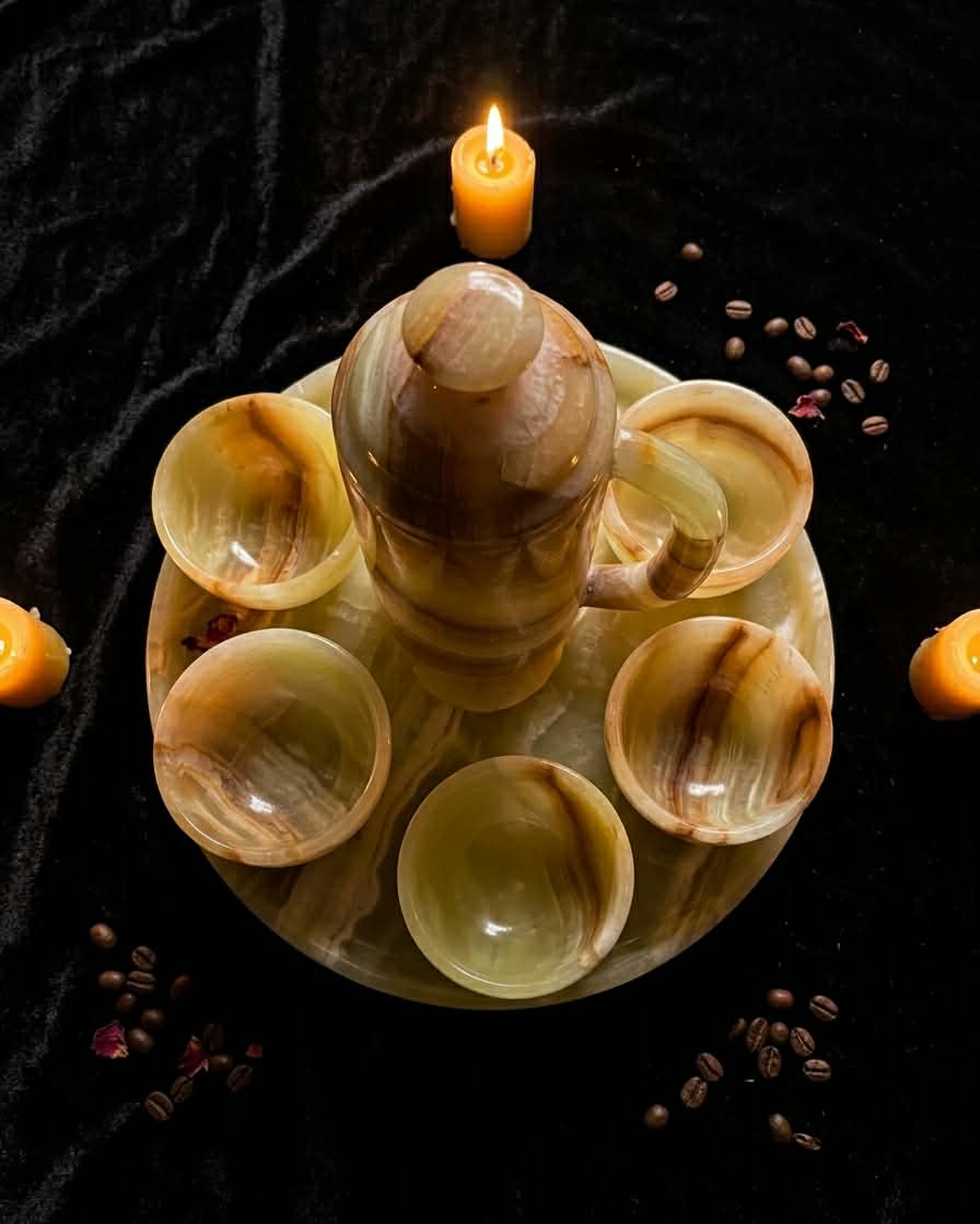 Handcrafted Onyx Coffee Set – Pitcher, 6 Cups & Serving Tray | Natural Stone Luxury Decor