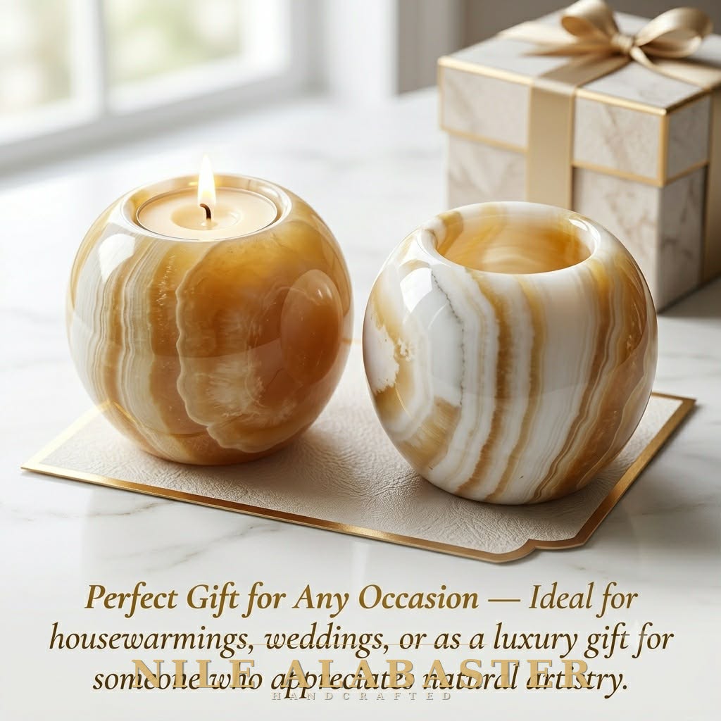 Hand-Carved Onyx Sphere Candle Holders (Set of 2) — Warm Ambient Glow