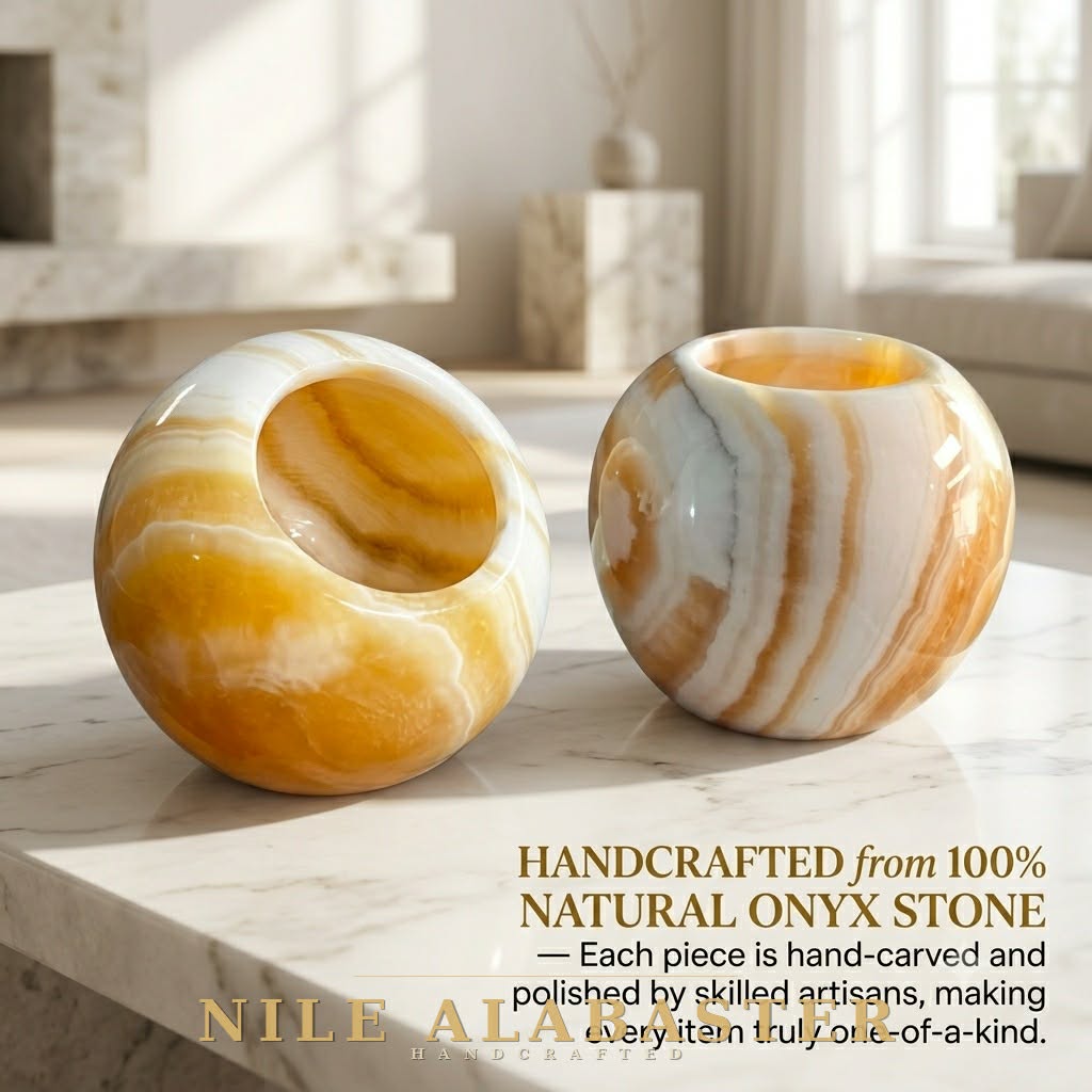 Hand-Carved Onyx Sphere Candle Holders (Set of 2) — Warm Ambient Glow