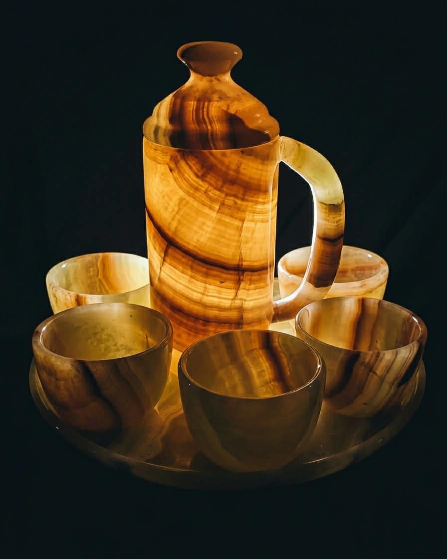 Handcrafted Onyx Coffee Set – Pitcher, 6 Cups & Serving Tray | Natural Stone Luxury Decor