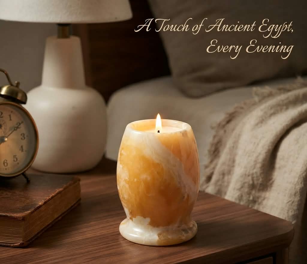 The Pharaoh’s Glow Amber Alabaster Candle Holder & Jar | Hand-Carved Luxury Decor