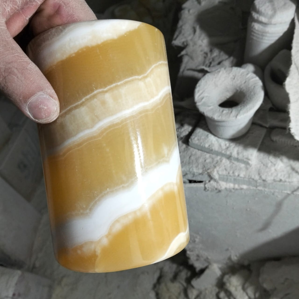 > Handmade Egyptian Alabaster Cylinder Candle Holder & Decor