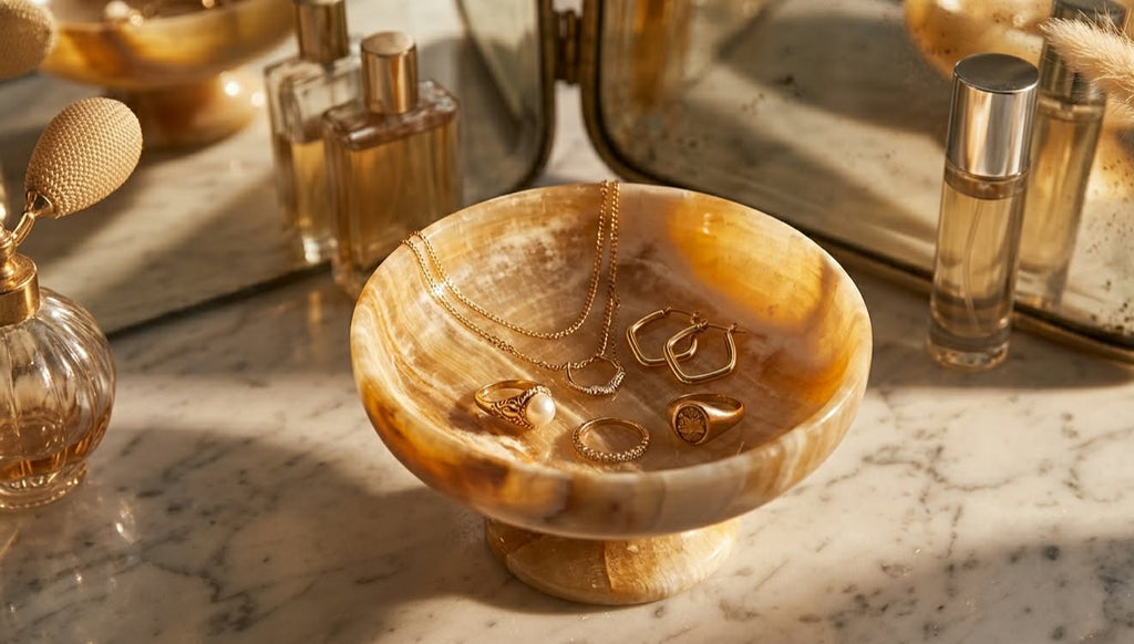 Hand-Carved Egyptian Onyx Pedestal Compote Bowl