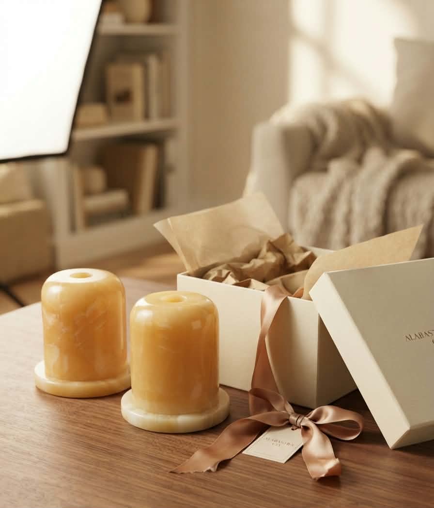 Hand-Carved Translucent Onyx Candle Holders (Set of 2) – Warm Ambient Glow