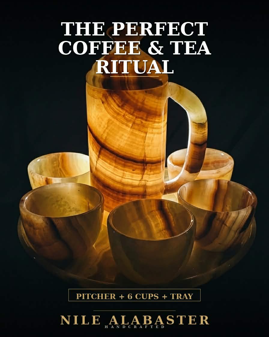 Handcrafted Onyx Coffee Set – Pitcher, 6 Cups & Serving Tray | Natural Stone Luxury Decor
