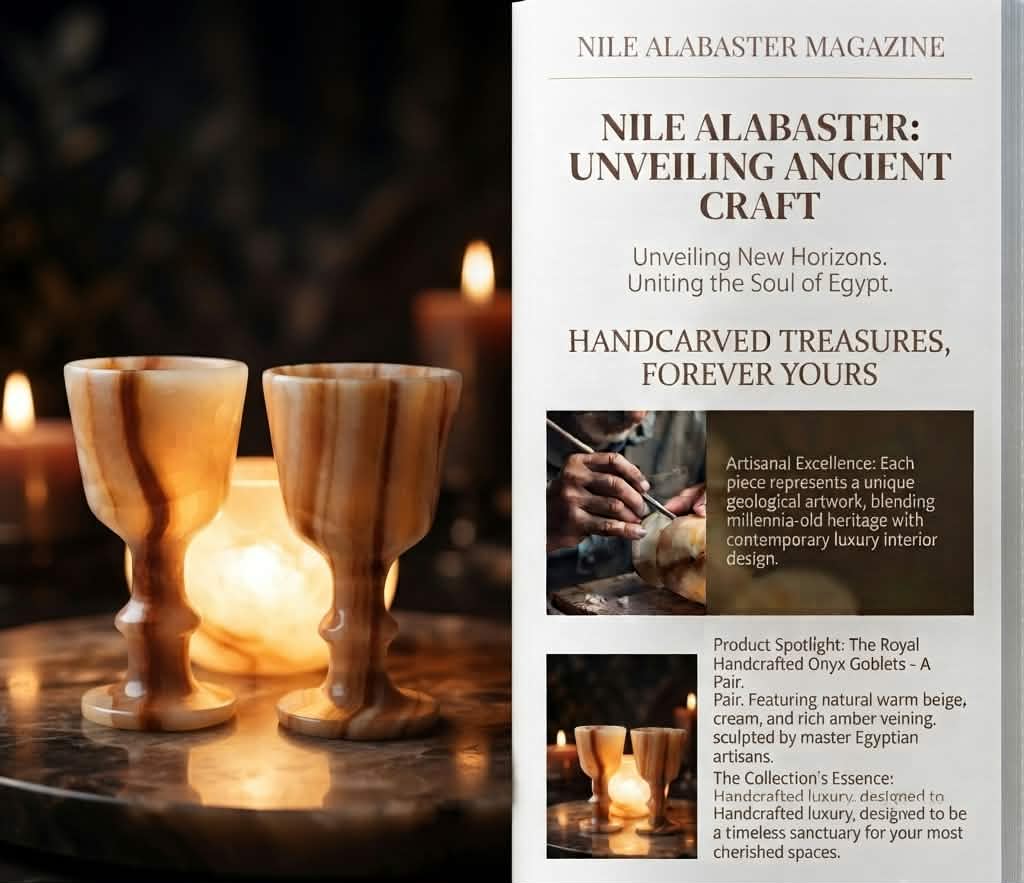 Product Details: Handcrafted Excellence: Sculpted meticulously by master Egyptian artisans from natural warm beige and amber-veined onyx.