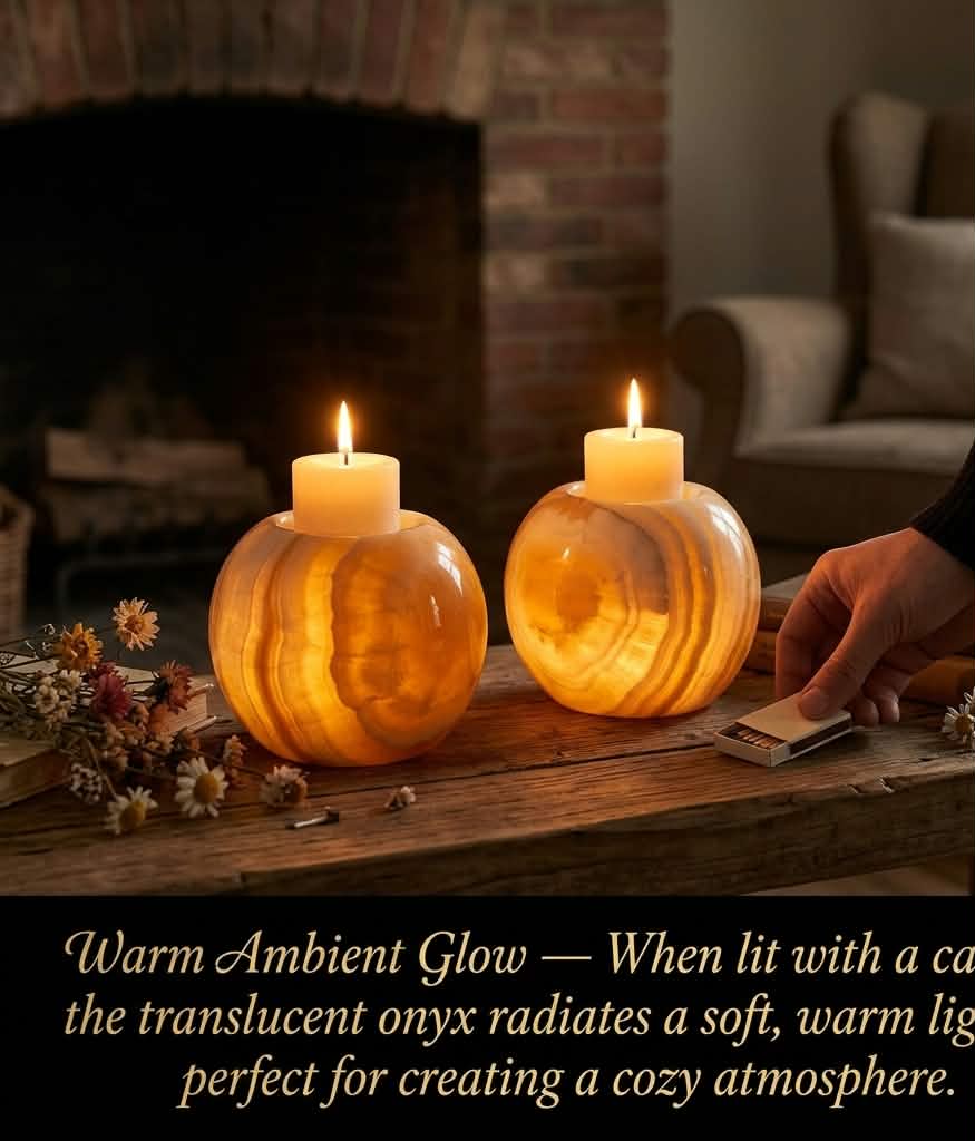 Hand-Carved Onyx Sphere Candle Holders (Set of 2) — Warm Ambient Glow