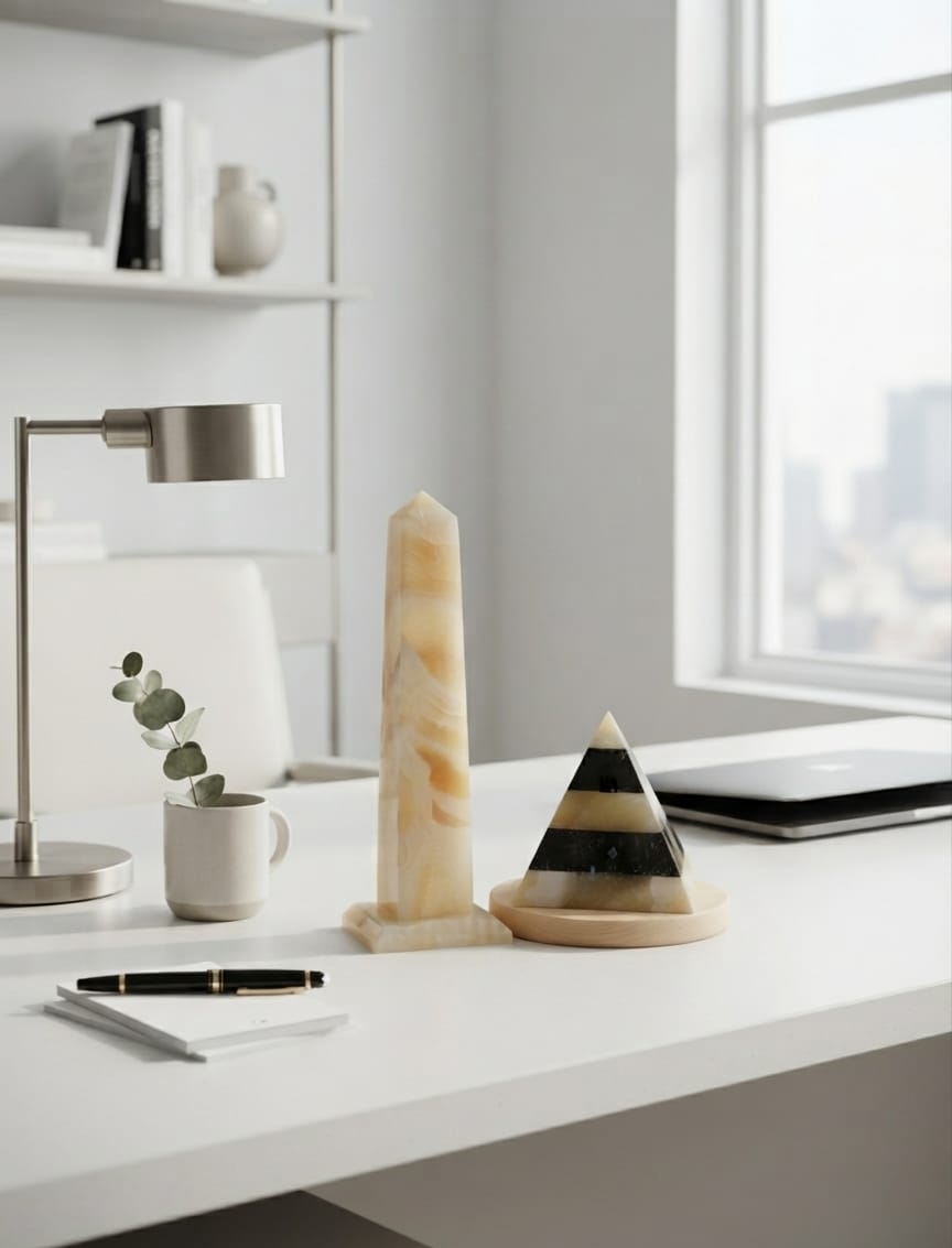 Handcrafted Egyptian Alabaster Obelisk & Marble Pyramid Set