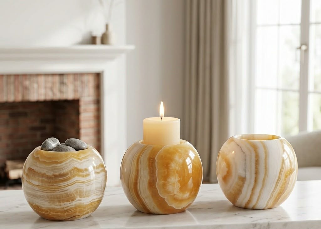 Hand-Carved Onyx Sphere Candle Holders (Set of 2) — Warm Ambient Glow