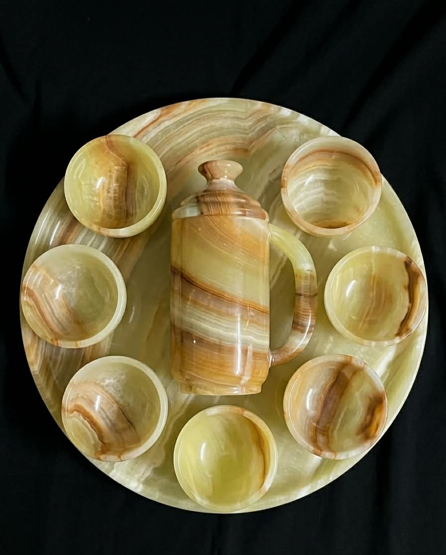Handcrafted Onyx Coffee Set – Pitcher, 6 Cups & Serving Tray | Natural Stone Luxury Decor