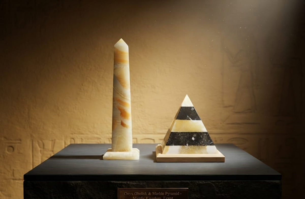Handcrafted Egyptian Alabaster Obelisk & Marble Pyramid Set