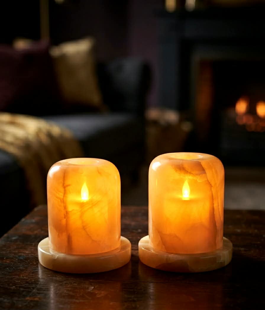 Hand-Carved Translucent Onyx Candle Holders (Set of 2) – Warm Ambient Glow