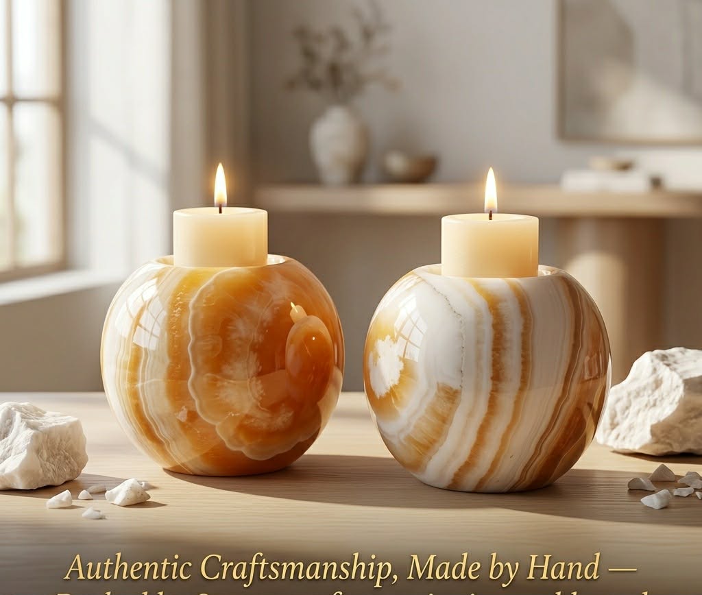 Hand-Carved Onyx Sphere Candle Holders (Set of 2) — Warm Ambient Glow