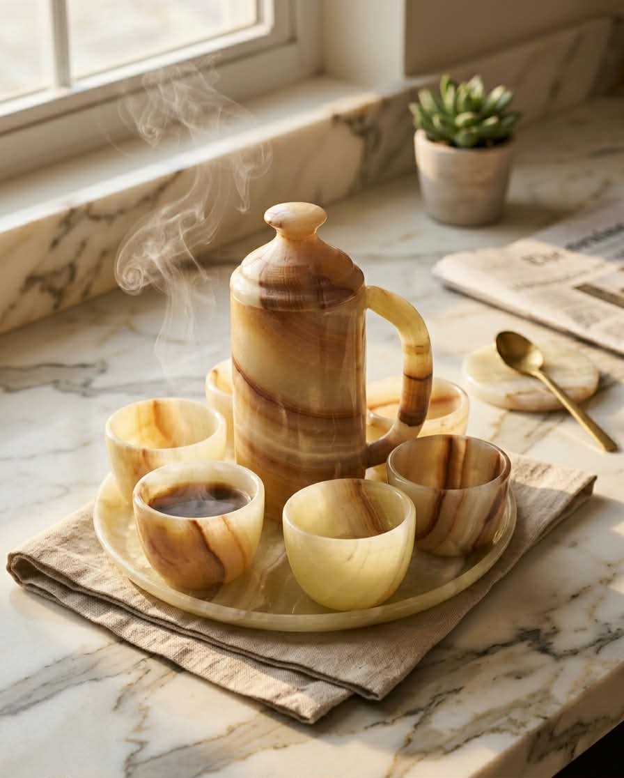 Handcrafted Onyx Coffee Set – Pitcher, 6 Cups & Serving Tray | Natural Stone Luxury Decor