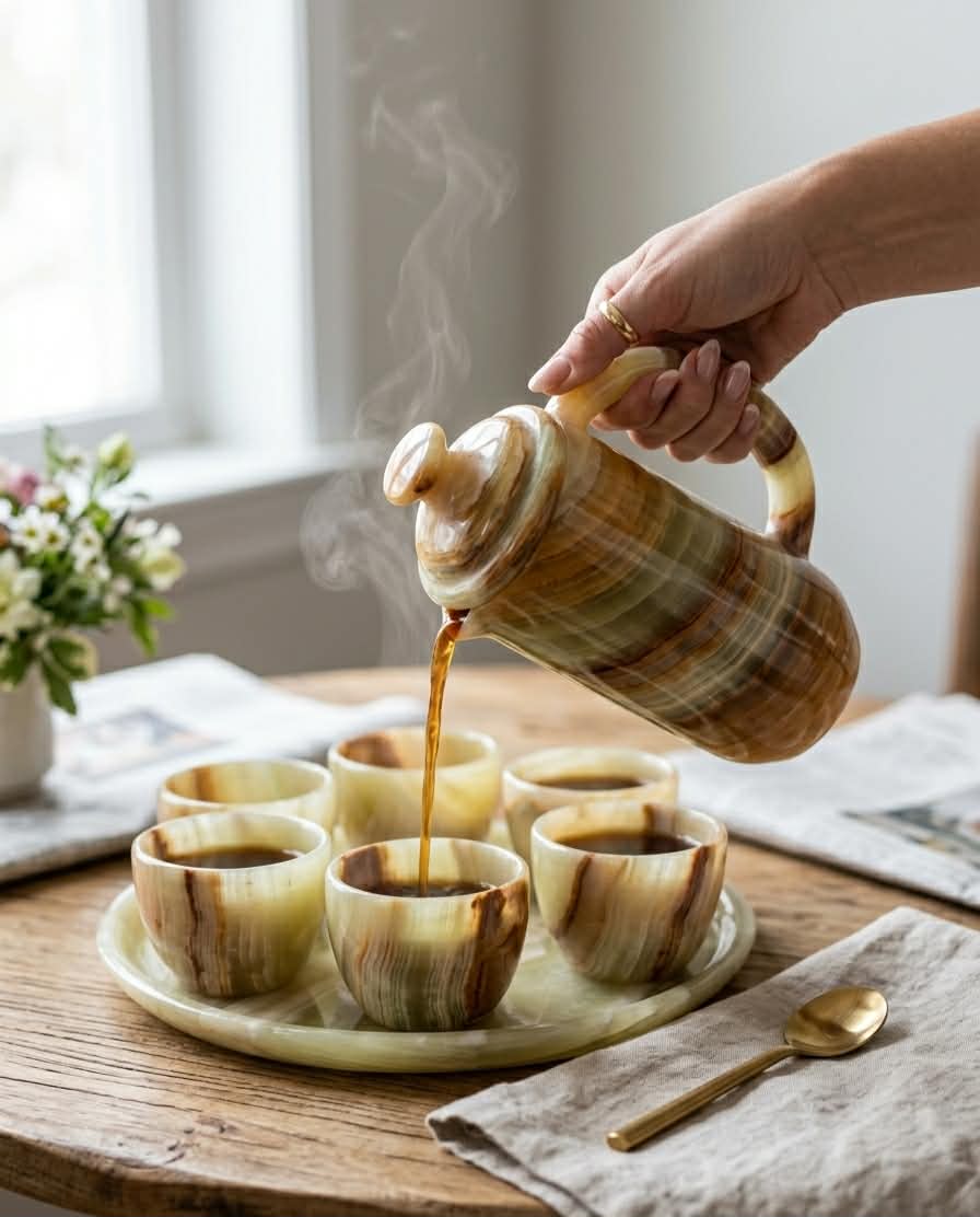 Handcrafted Onyx Coffee Set – Pitcher, 6 Cups & Serving Tray | Natural Stone Luxury Decor