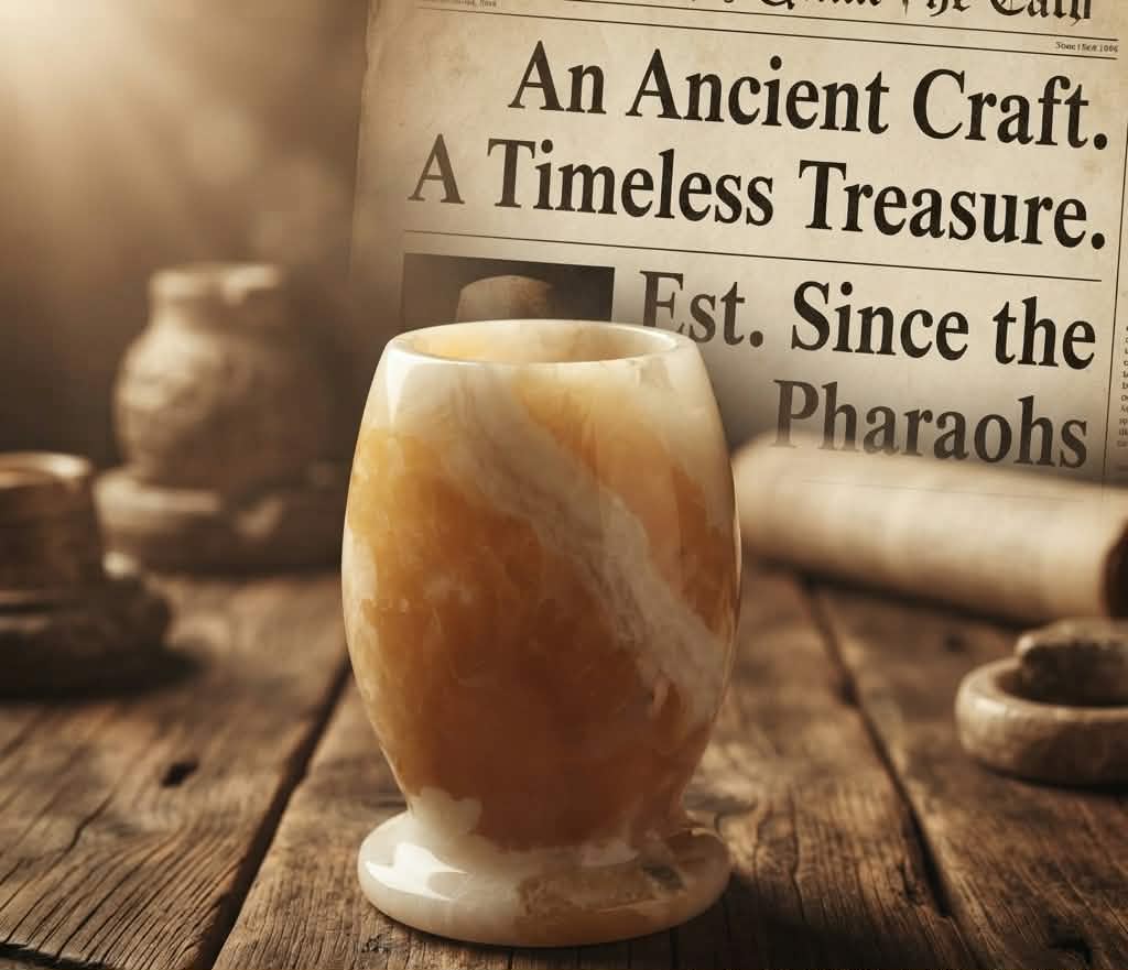 The Pharaoh’s Glow Amber Alabaster Candle Holder & Jar | Hand-Carved Luxury Decor
