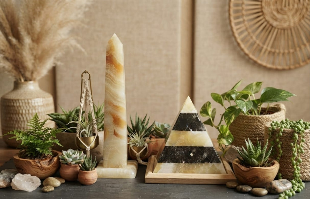 Handcrafted Egyptian Alabaster Obelisk & Marble Pyramid Set