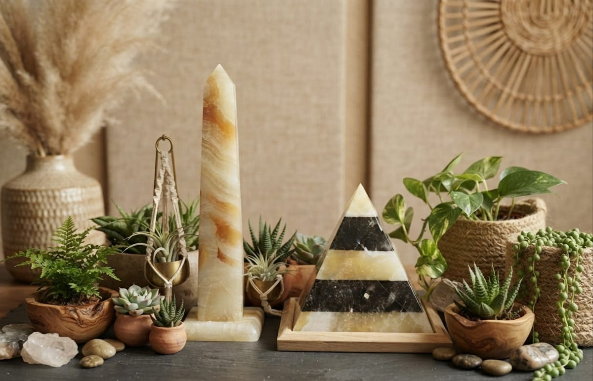 Handcrafted Egyptian Alabaster Obelisk & Marble Pyramid Set