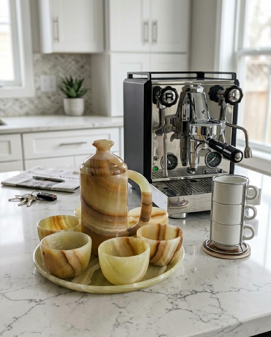 Handcrafted Onyx Coffee Set – Pitcher, 6 Cups & Serving Tray | Natural Stone Luxury Decor