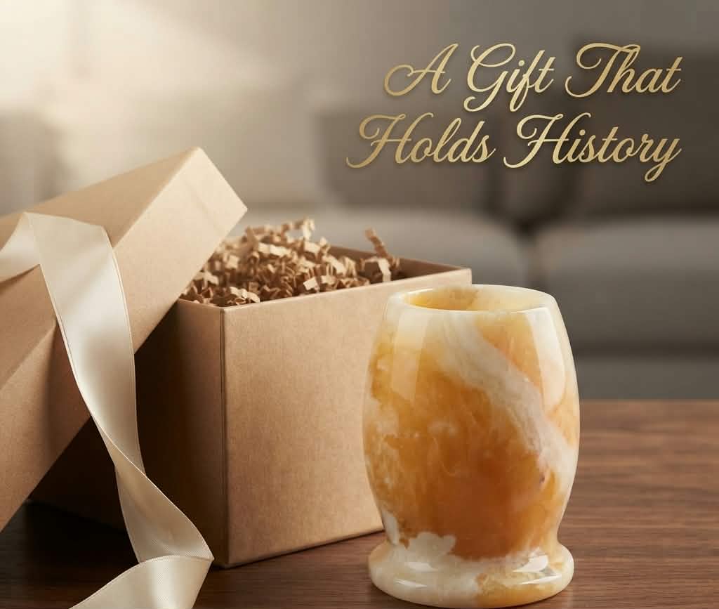 The Pharaoh’s Glow Amber Alabaster Candle Holder & Jar | Hand-Carved Luxury Decor