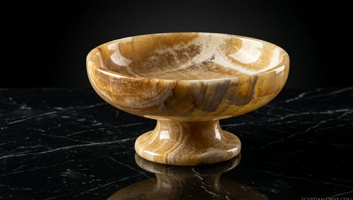 Hand-Carved Egyptian Onyx Pedestal Compote Bowl