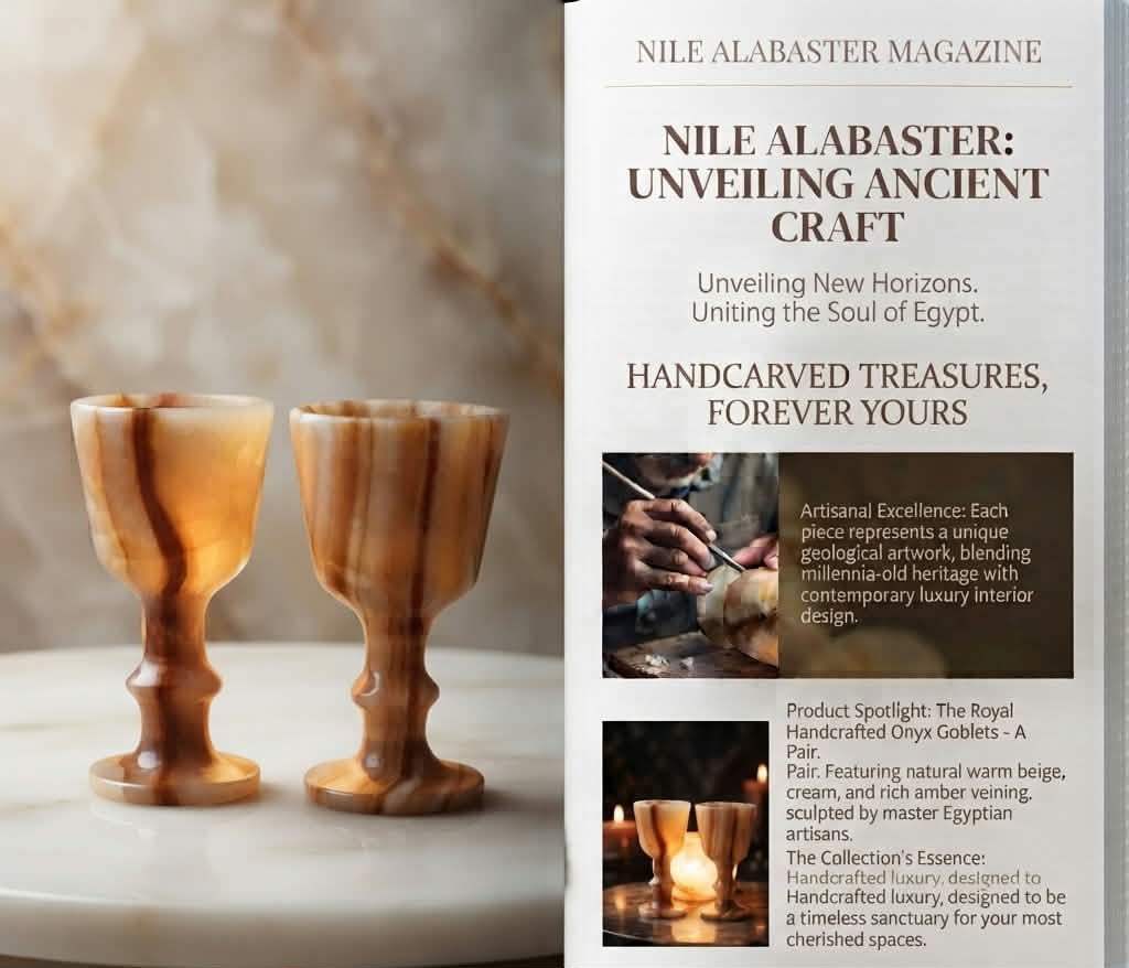 Product Details: Handcrafted Excellence: Sculpted meticulously by master Egyptian artisans from natural warm beige and amber-veined onyx.