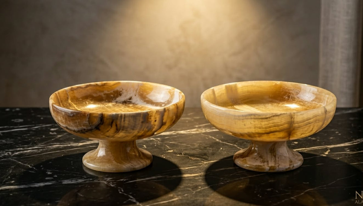 Hand-Carved Egyptian Onyx Pedestal Compote Bowl