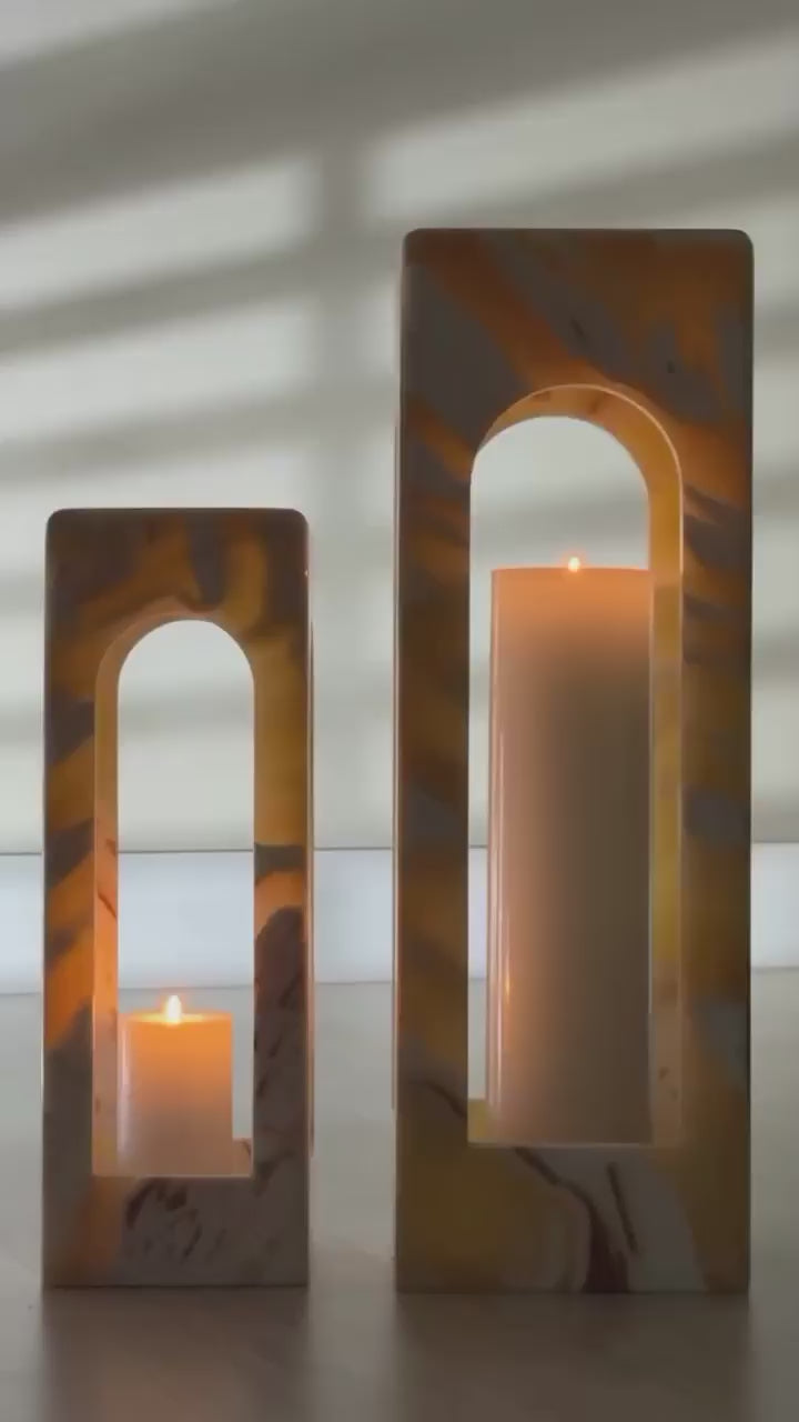 🏛️ Product Title: The Grand Arch Alabaster Candle Holder Set | Hand-Carved Stone Lanterns